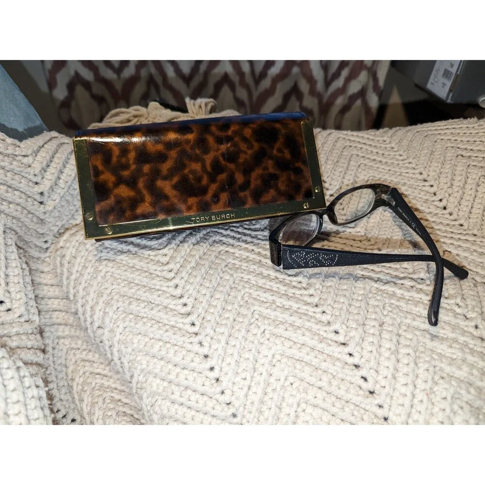 Vintage Tory‎ Burch Y2K Black Leather Eyeglass Frames and Tortoise Case Rx